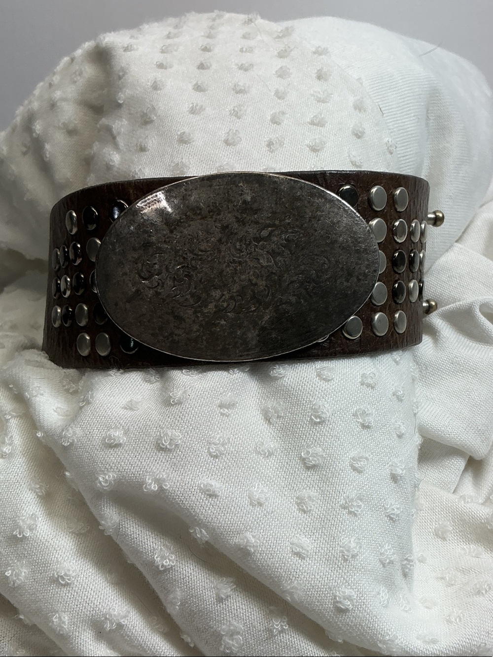 Brown Studded Noir Leather Cuff Bracelet with Engraved Silver Buckle